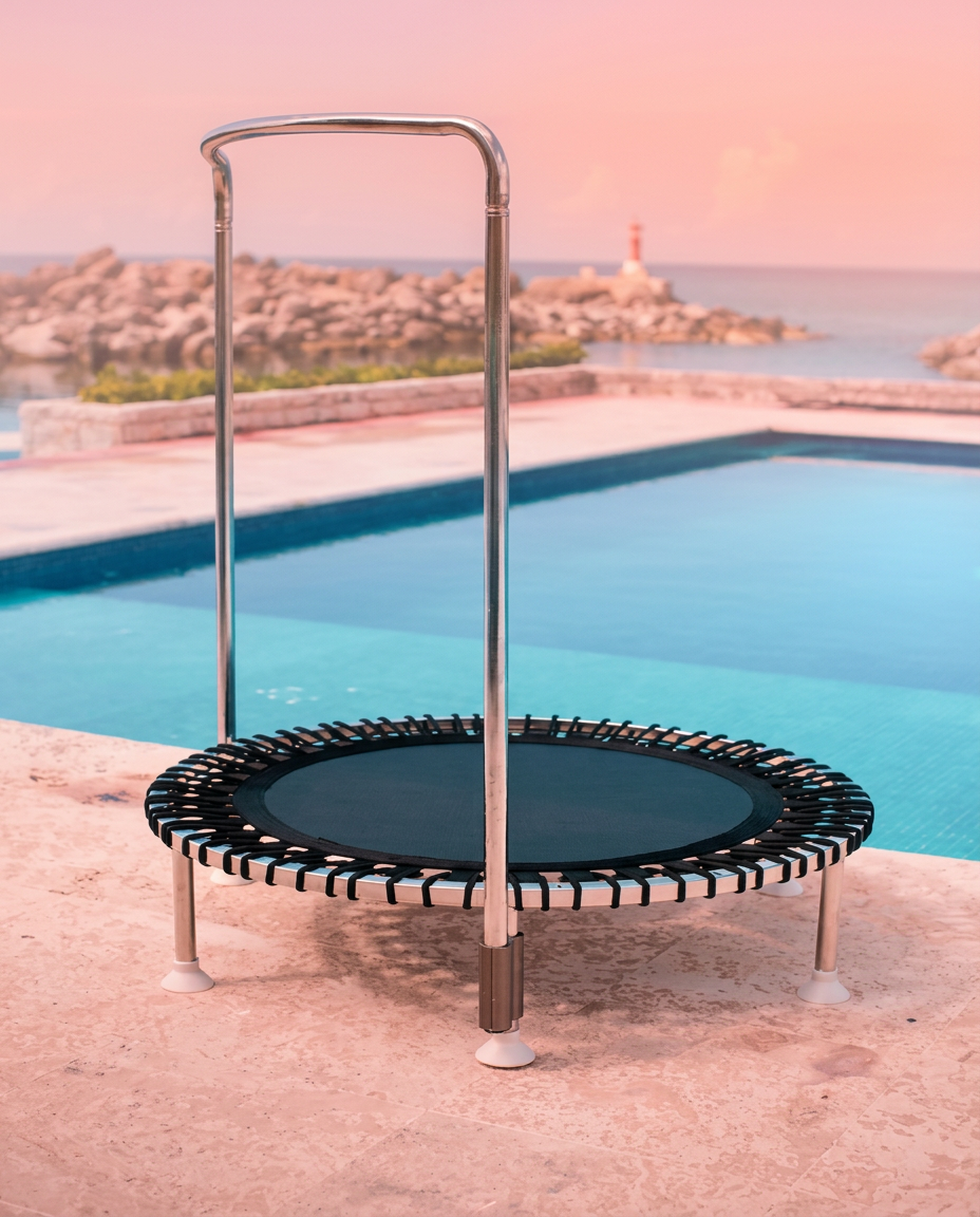 Woman on aqua rebounder in clear pool water
